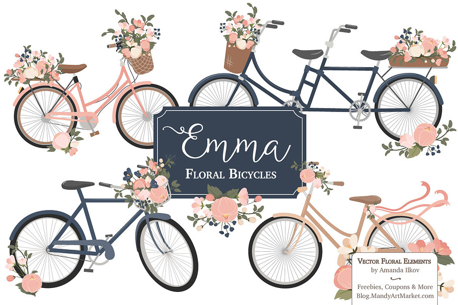 Navy & Pink Floral Bicycles Clipart in Illustrations - product preview 8
