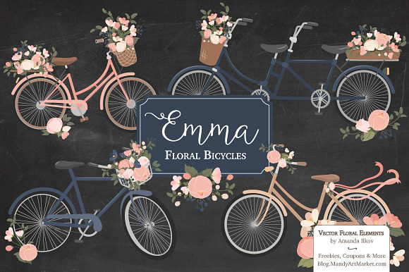 Navy & Pink Floral Bicycles Clipart in Illustrations - product preview 1