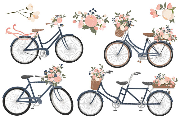 Navy & Pink Floral Bicycles Clipart in Illustrations - product preview 2