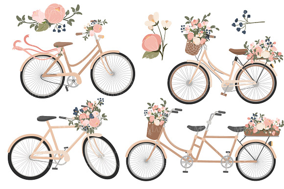 Navy & Pink Floral Bicycles Clipart in Illustrations - product preview 4