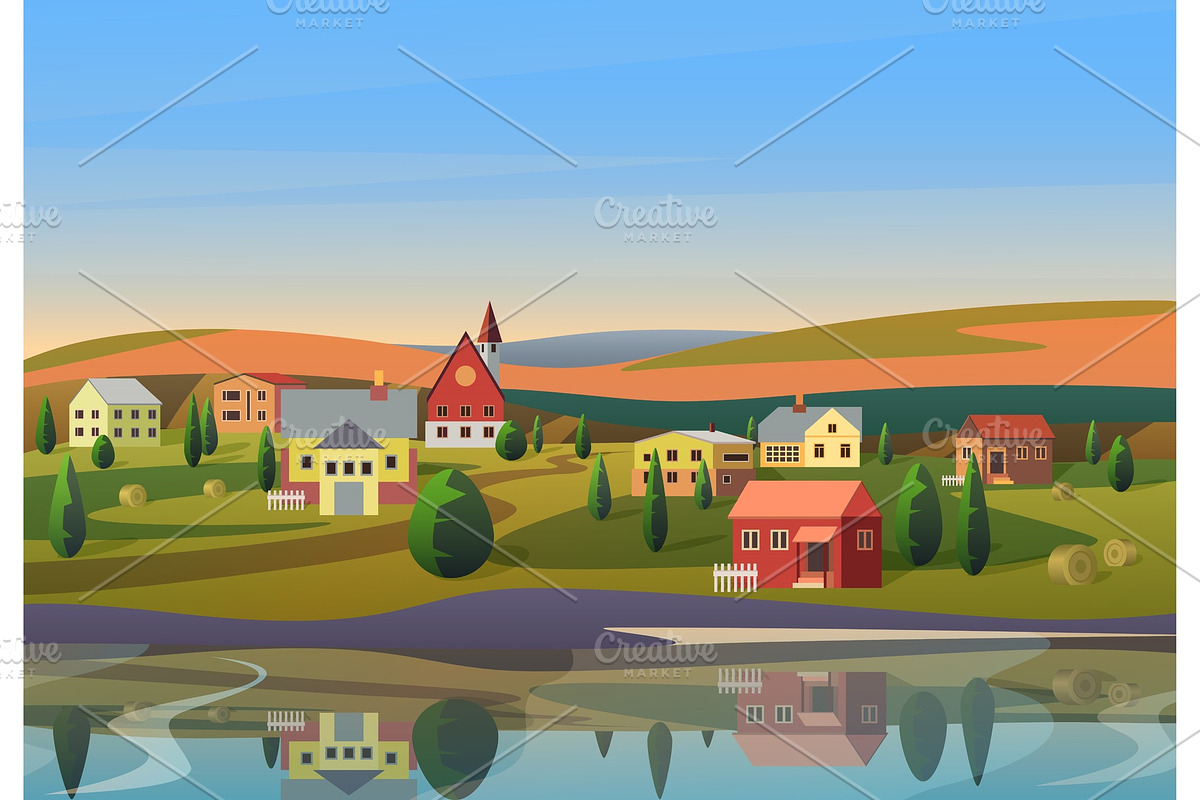 Small town landscape near river in Illustrations - product preview 8