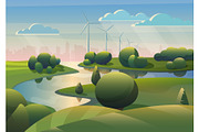 Green fields landscape wind turbines