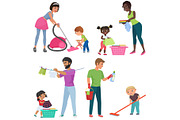 Adults and kids cleaning together