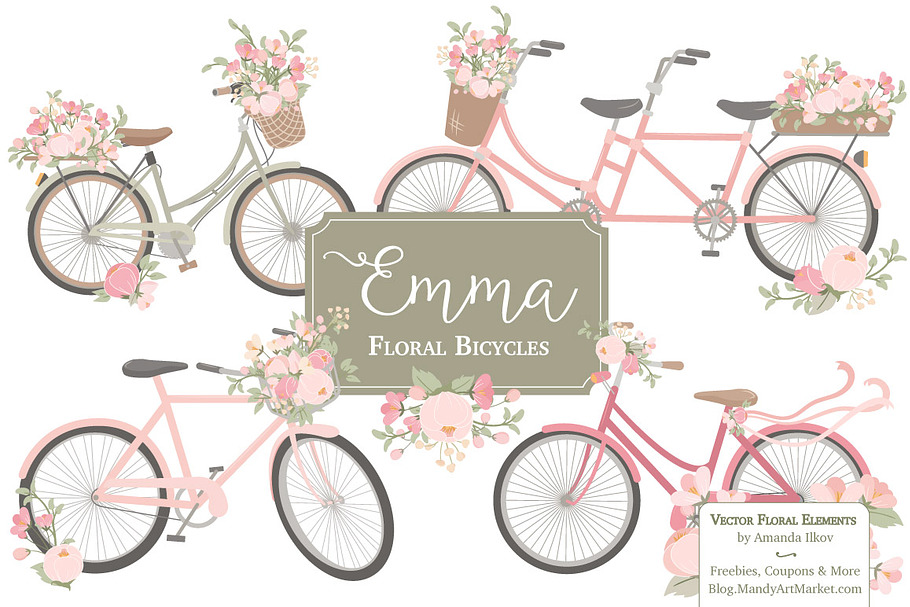 Soft Pink Floral Bicycles Clipart in Illustrations - product preview 8