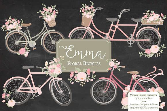 Soft Pink Floral Bicycles Clipart in Illustrations - product preview 1
