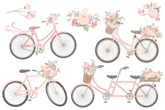Soft Pink Floral Bicycles Clipart in Illustrations - product preview 2