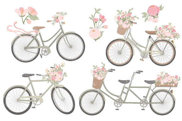 Soft Pink Floral Bicycles Clipart in Illustrations - product preview 3