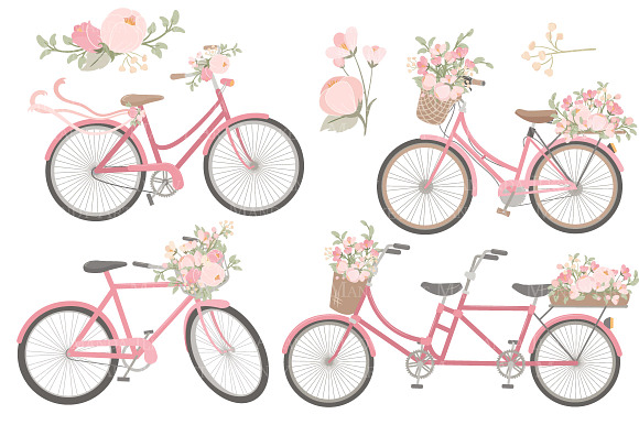 Soft Pink Floral Bicycles Clipart in Illustrations - product preview 4