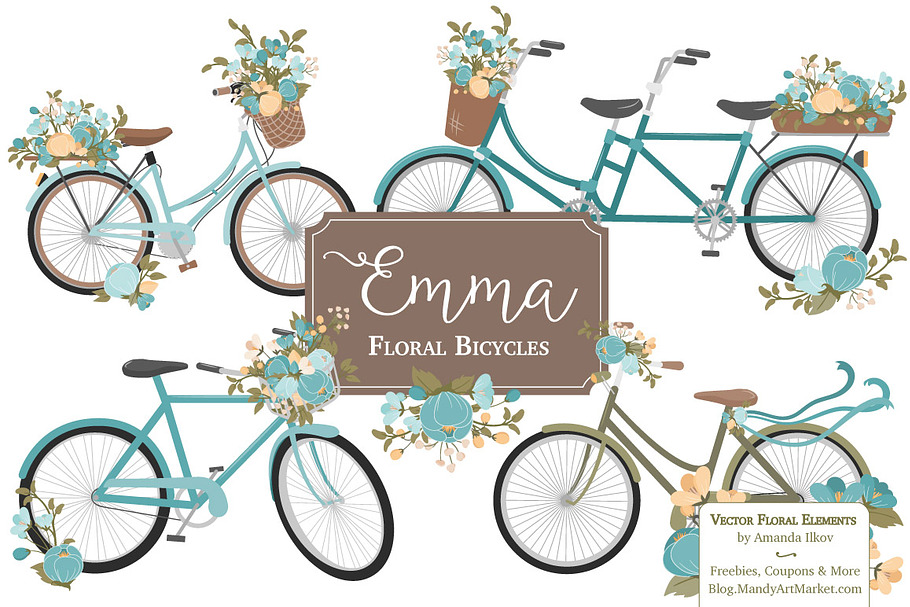 Vintage Blue Floral Bicycles in Illustrations - product preview 8