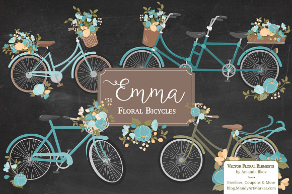 Vintage Blue Floral Bicycles in Illustrations - product preview 1