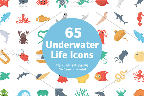 65 Flat Underwater Life Icons