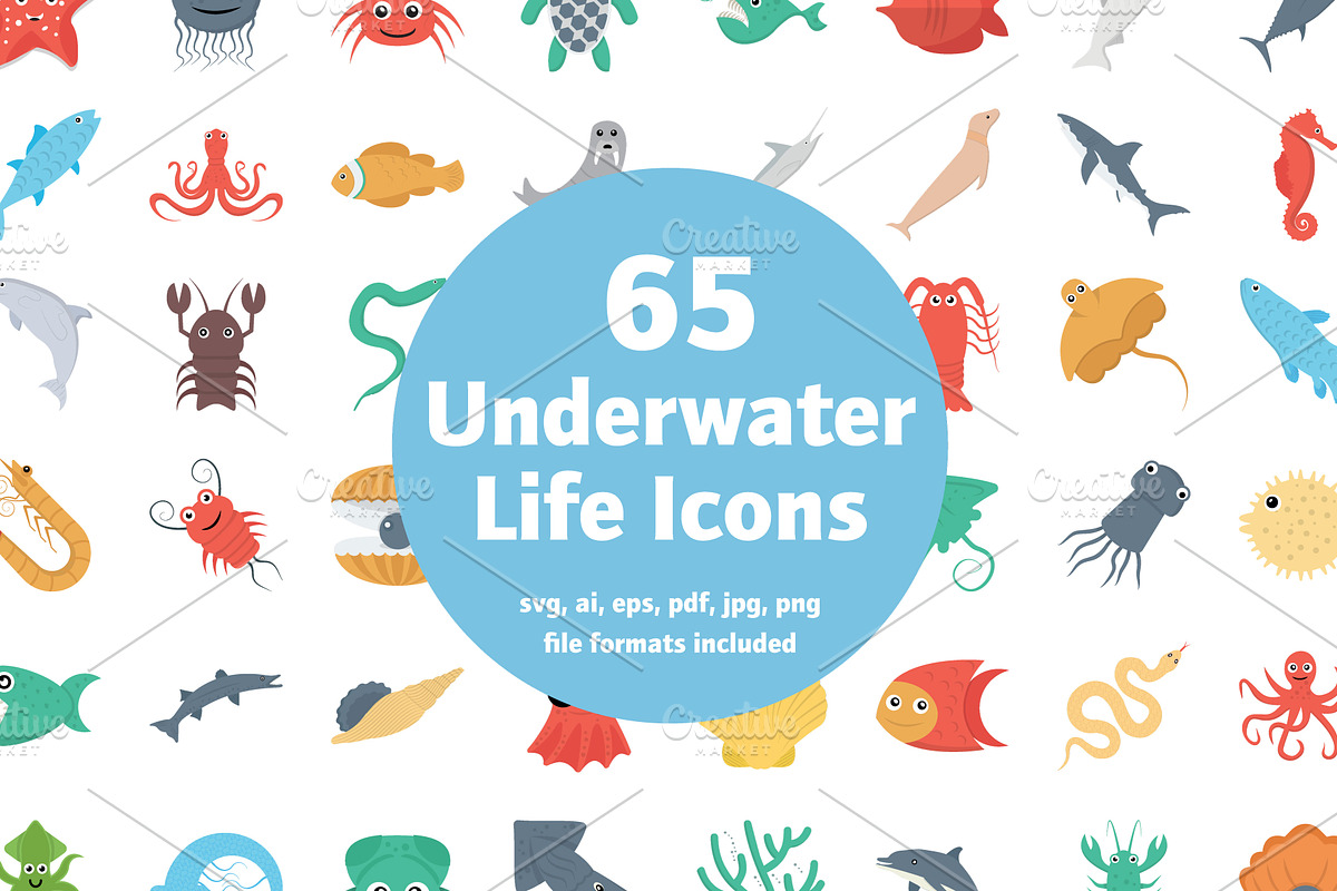 65 Flat Underwater Life Icons in Icons - product preview 8