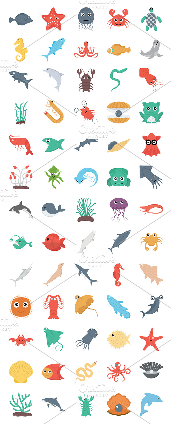 65 Flat Underwater Life Icons in Icons - product preview 1