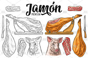 Pig head, jamon leg on horizontal