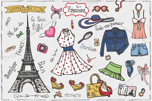 Paris summer fashion.Doodle set