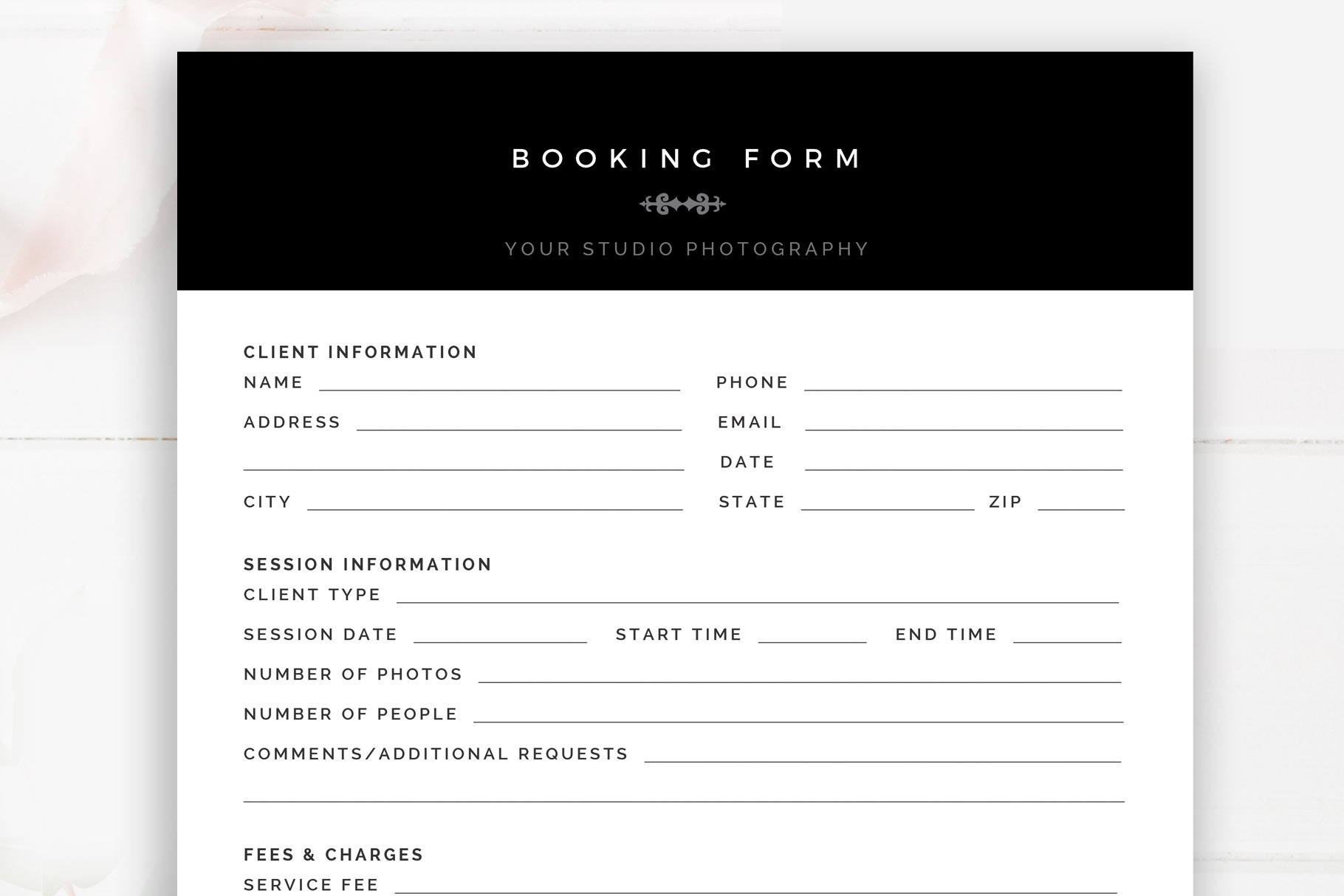 Photography Booking Form Template Creative Stationery Templates