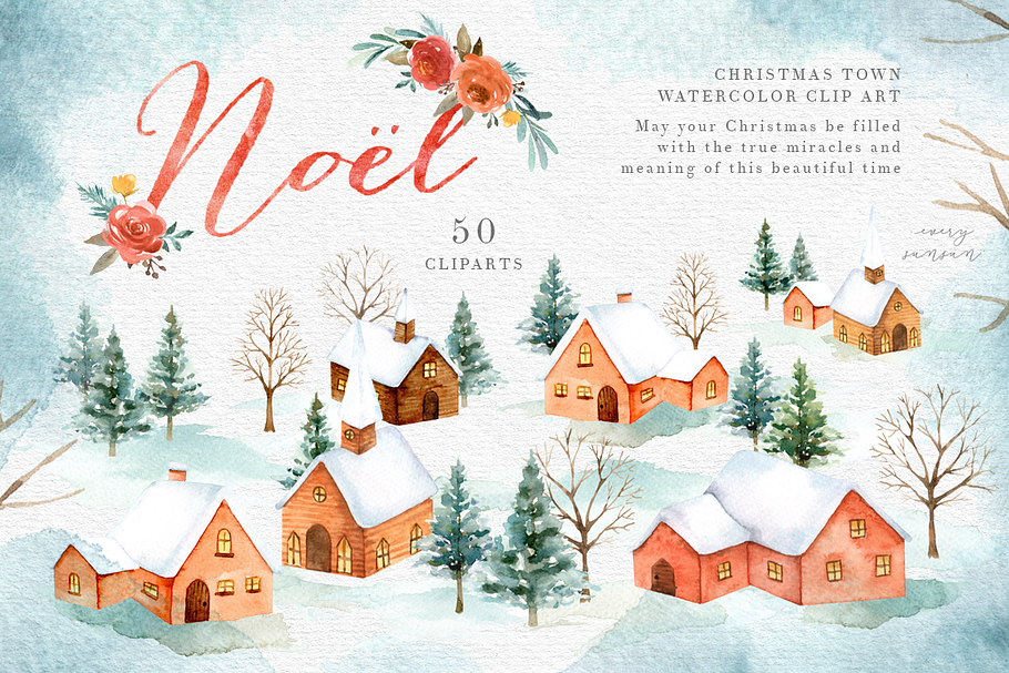 Noel Christmas Town Watercolor Set in Illustrations - product preview 8