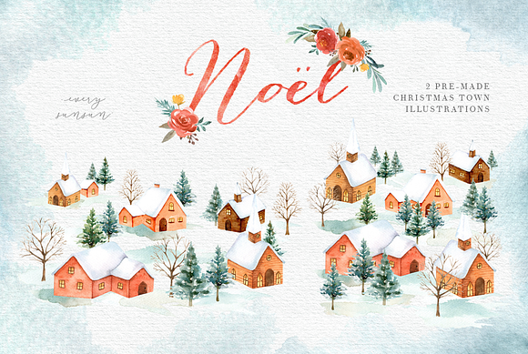 Noel Christmas Town Watercolor Set in Illustrations - product preview 1