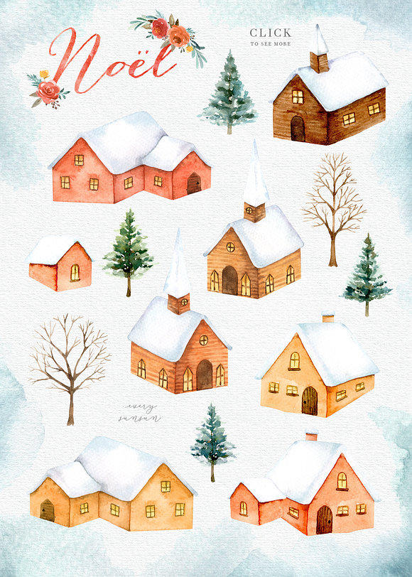 Noel Christmas Town Watercolor Set in Illustrations - product preview 4