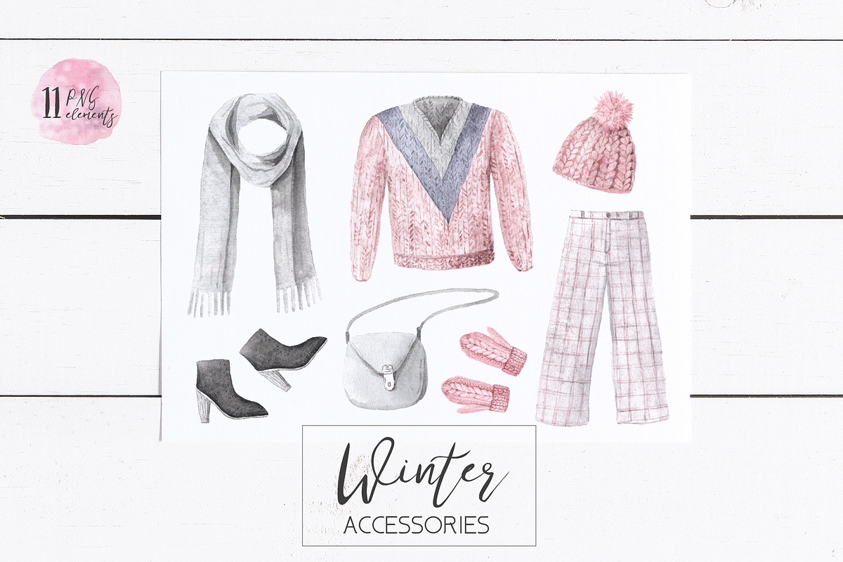 Watercolor Winter Clothes Set in Illustrations - product preview 8