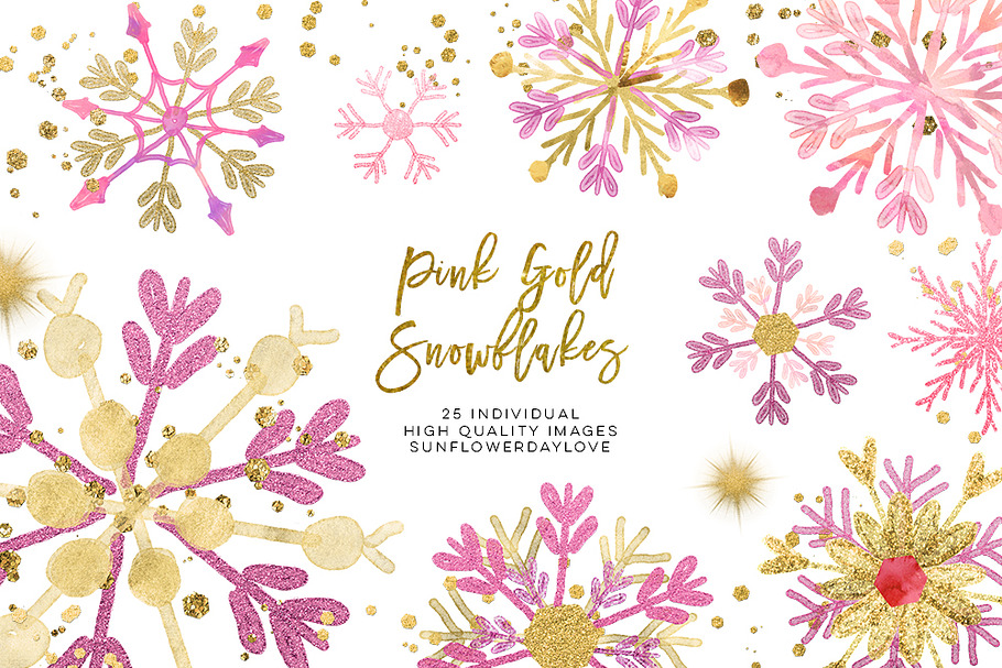 pink gold snowflakes clipart