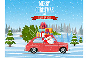 Retro car with Christmas tree