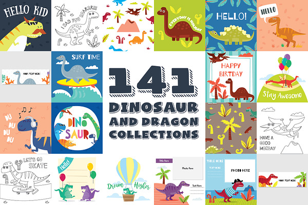 141 Dinosaur Cartoon Clipart Bundle