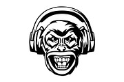 Angry monkey head in headphones.