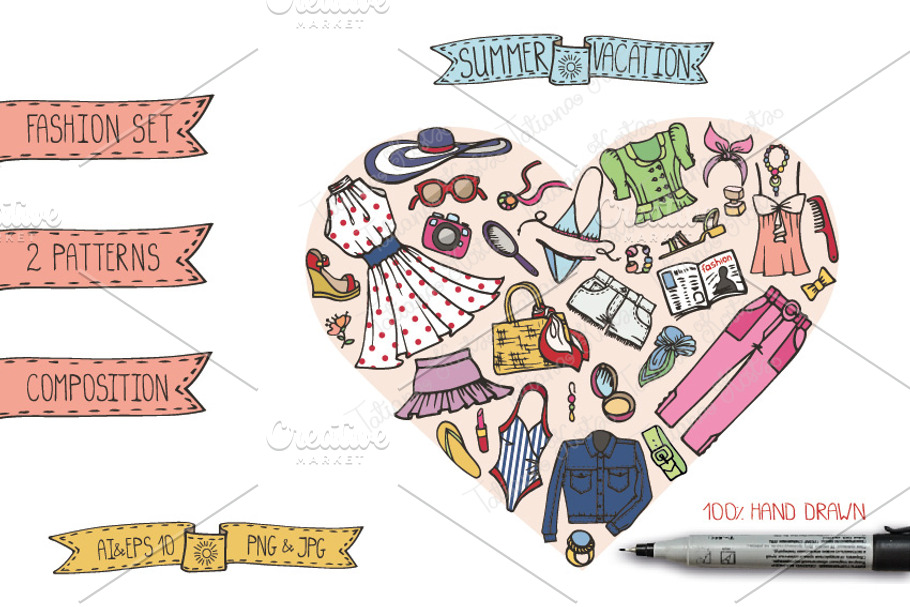 Summer fashion. Doodle vector set in Illustrations - product preview 8