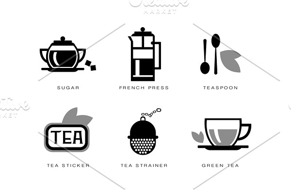 Tea icons set, sugar, french press