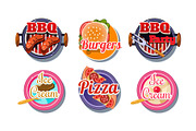 Fast food logo set, pizza, barbecue