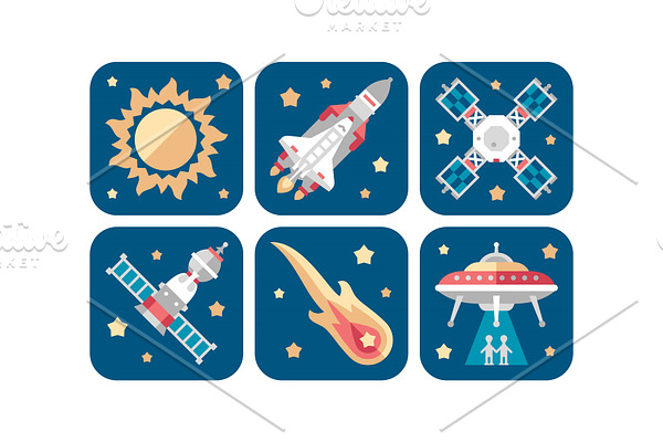 Space icons set, sun, meteorite