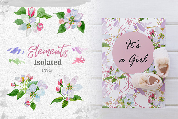 Apple blossom PNG watercolor set in Illustrations - product preview 3