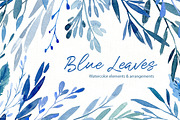 Watercolor Blue Leaves Branches PNG