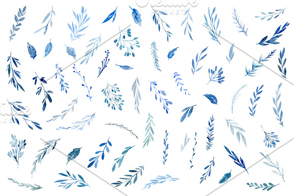 Watercolor Blue Leaves Branches PNG in Illustrations - product preview 1
