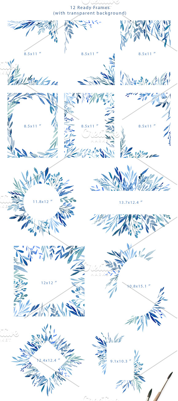 Watercolor Blue Leaves Branches PNG in Illustrations - product preview 3