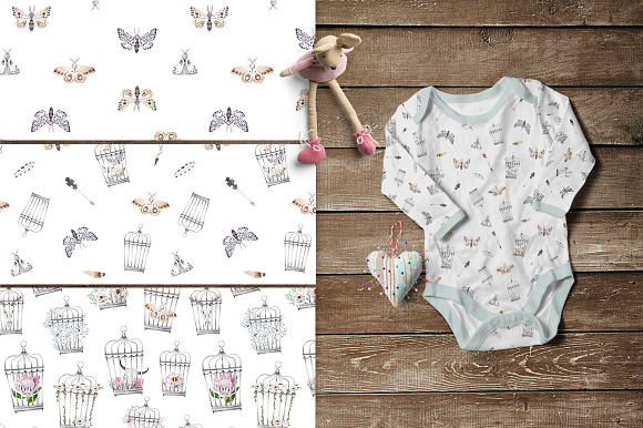 MOTHS and BIRDCAGE watercolor set in Illustrations - product preview 2