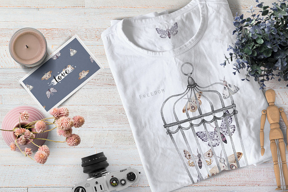 MOTHS and BIRDCAGE watercolor set in Illustrations - product preview 6