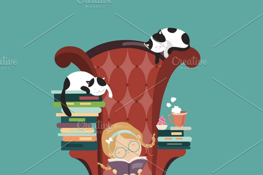 Little girl reading a book in Illustrations - product preview 8