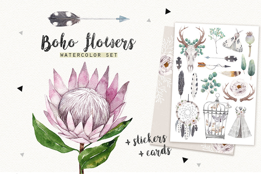 BOHO FLOWERS watercolor set in Illustrations - product preview 8