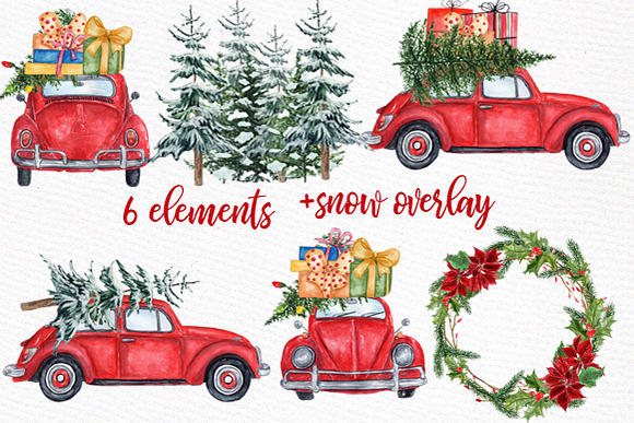 Watercolor Christmas Cars Clipart in Illustrations - product preview 1