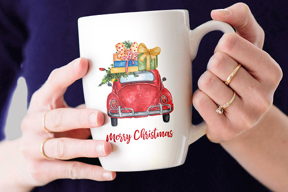 Watercolor Christmas Cars Clipart in Illustrations - product preview 3