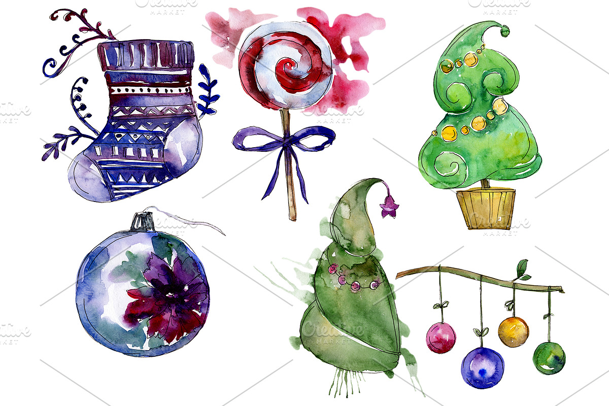 New Year decoration PNG watercolor in Illustrations - product preview 8