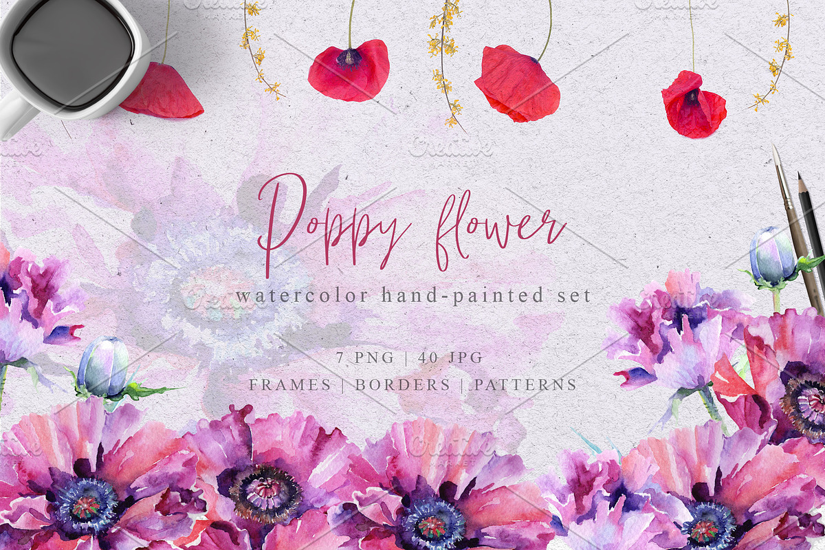 Pink poppy flower PNG watercolor set in Illustrations - product preview 8