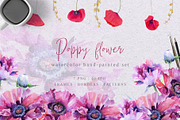 Pink poppy flower PNG watercolor set