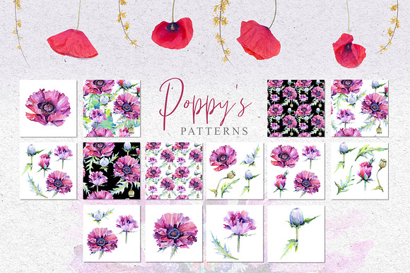 Pink poppy flower PNG watercolor set in Illustrations - product preview 4