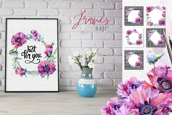 Pink poppy flower PNG watercolor set in Illustrations - product preview 5