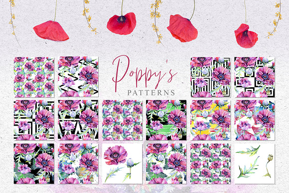 Pink poppy flower PNG watercolor set in Illustrations - product preview 7