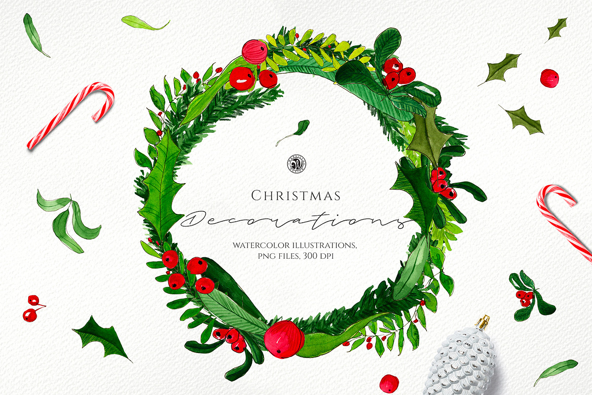 Watercolor Christmas Decorations in Illustrations - product preview 8