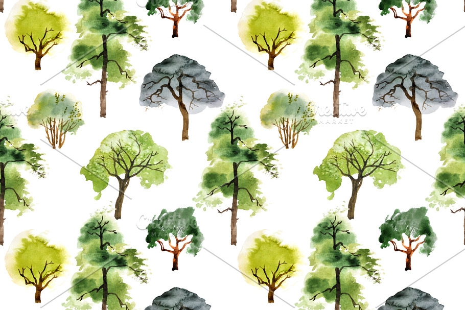 Watercolor trees and patterns in Illustrations - product preview 8